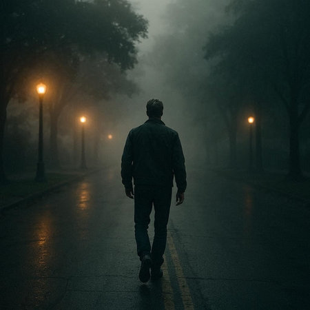 Man walking on the street at night with fog in the background.