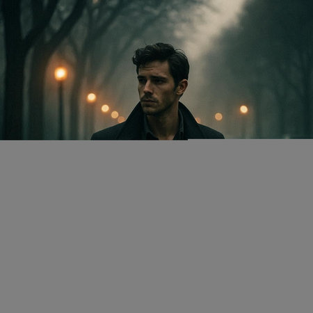 Portrait of a handsome man in a coat in a foggy alley.