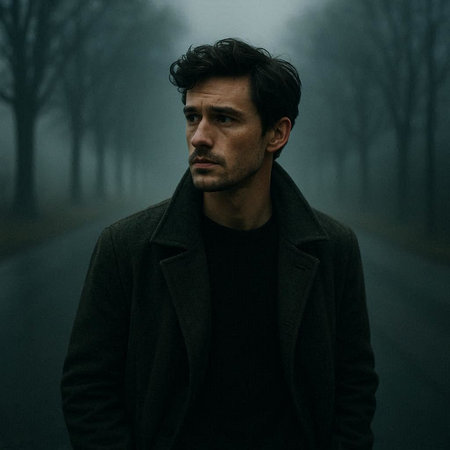 Portrait of a handsome man in a dark coat standing in the fog
