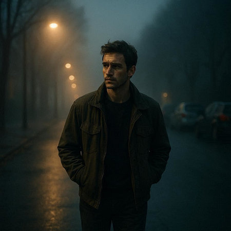 portrait of a young man in the fog on the street in the evening