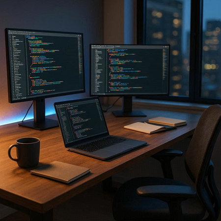 Programmer working on desktop computer in dark office late at night with city view
