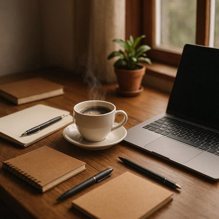Coffee cup and notebook on wooden table with laptop and pen