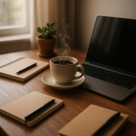 Coffee cup with notebook and laptop on wooden table at home