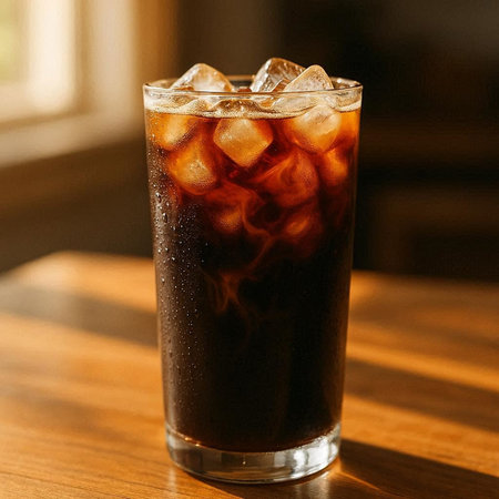 Cola with ice cubes in a tall glass on a wooden table.