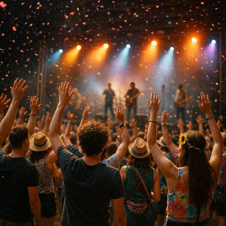 Rear view of a group of people dancing at a music festival