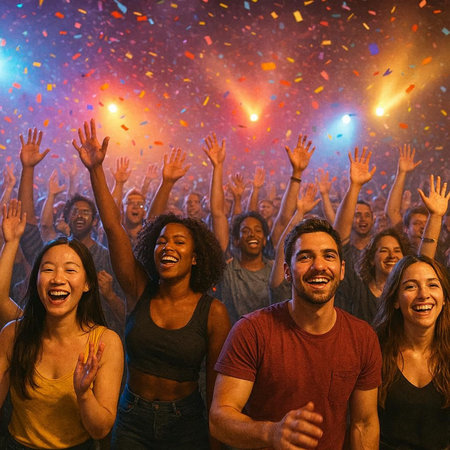 Group of friends dancing at a music festival in front of confetti