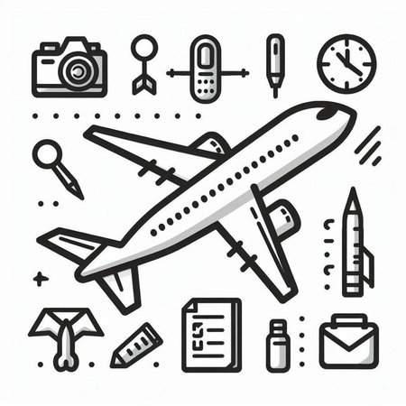 Line art icon of airplane and travel items on white background. Vector illustration