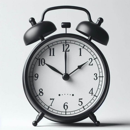 Black alarm clock on a white background. Close-up. Isolated.