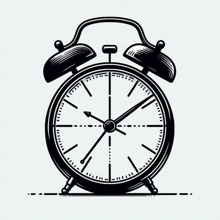 Alarm clock. Vintage vector illustration. Black and white design.