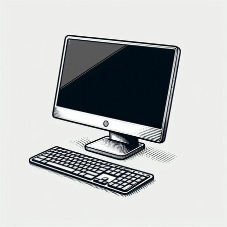 Desktop computer with keyboard and mouse isolated on white background. Vector illustration.