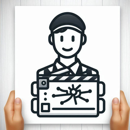 Hands holding movie clapper on white wooden background, sketch illustration