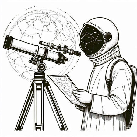 Astronaut and telescope on the background of the globe. Vector illustration