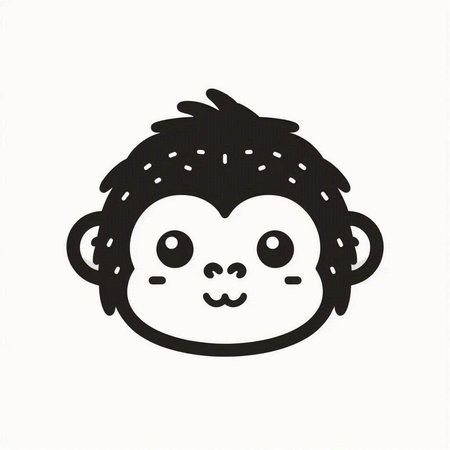 cartoon monkey face on white background - black and white vector illustration