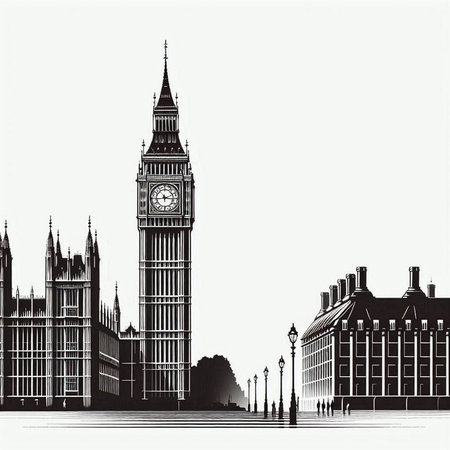 Big Ben and Houses of Parliament in London, UK. Hand drawn vector illustration.