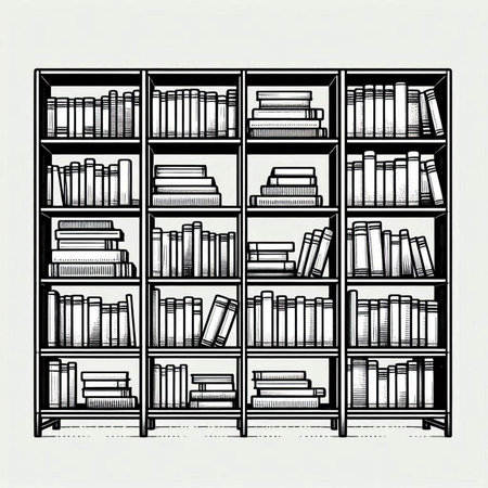 Bookshelf with books. Vector illustration. Black and white.