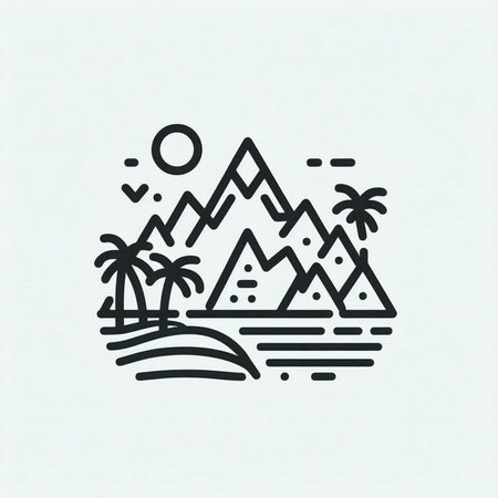 Landscape with mountains and palm trees line icon. Vector illustration.の写真素材