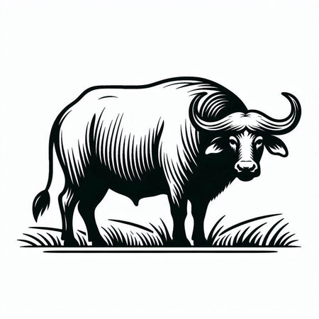 Buffalo. Wild animal. Black and white engraved ink art. Isolated on white background.