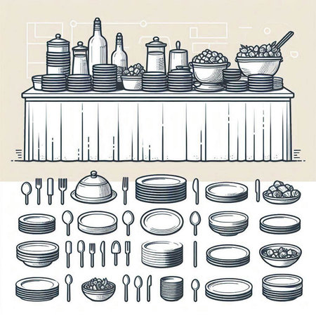 Set of kitchen utensils and dishes. Hand drawn vector illustration.