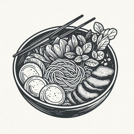 Hand drawn Asian noodle in bowl with chopsticks. Vector illustration.