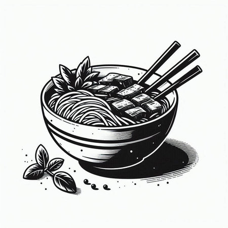 Noodles in bowl with chopsticks. Hand drawn vector illustration.の写真素材