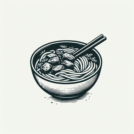 Bowl of noodle soup with chopsticks. Vector illustration.