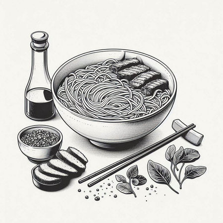 Sketch of Japanese noodle in bowl with chopsticks and soy sauce