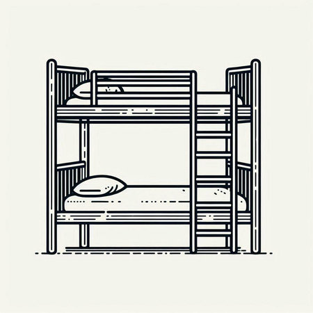 Bunk beds. Vector illustration in linear style. Black and white.