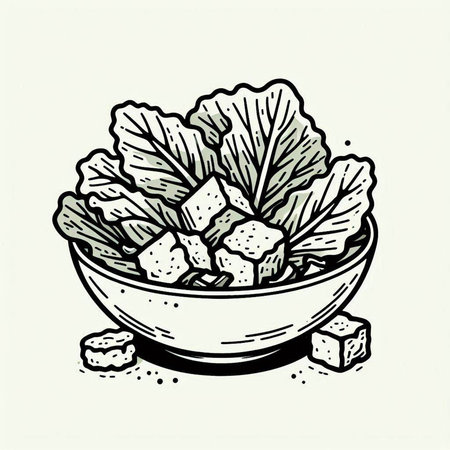 Illustration of a bowl of lettuce with pieces of brown sugar.の写真素材