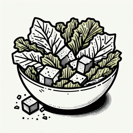 Illustration of a bowl of salad with croutons and lettuceの写真素材