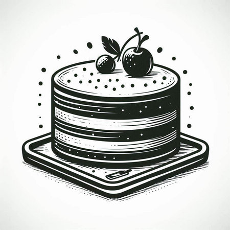 Chocolate cake with cherry on top. Hand drawn vector illustration.の写真素材