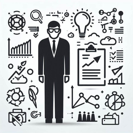 Businessman with a set of icons on the theme of business and financeの写真素材