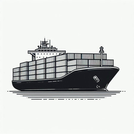 Cargo ship, vector illustration. Black and white image of a cargo ship.