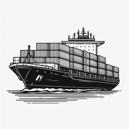 Cargo ship with containers on the water. Hand drawn vector illustration.