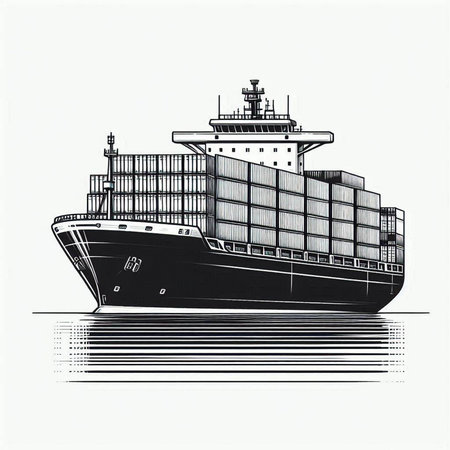 Cargo ship on the water. Black and white vector illustration.
