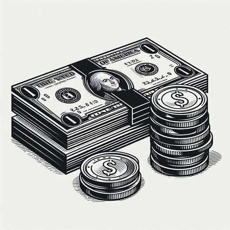 Dollars and coins. Hand drawn vector illustration in vintage style.