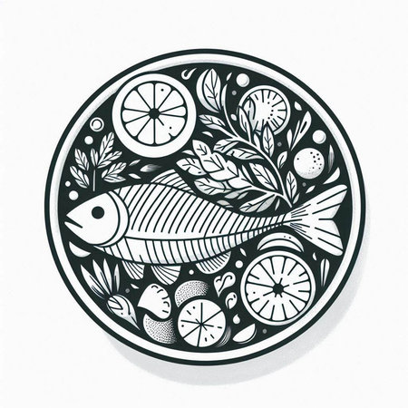 Hand drawn vector illustration of fish with lemon, olives and herbs.の写真素材