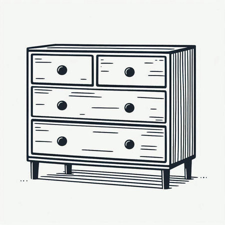 Drawing of a chest of drawers on a white background.