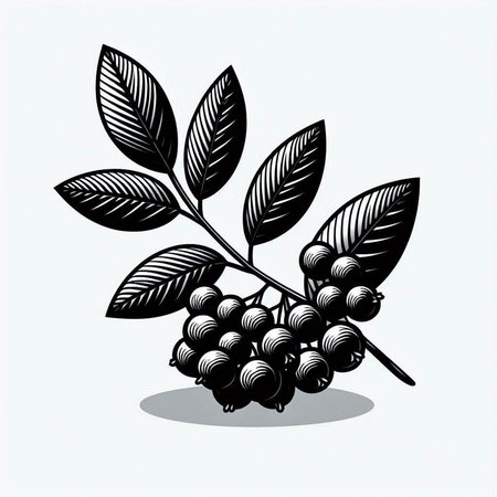 Bunch of black rowan berries with leaves. Vector illustration.