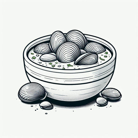 Clams in a bowl on a white background. Vector illustration.