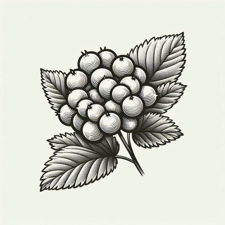 Viburnum. Black and white engraved ink art. Isolated berry illustration element on white background.