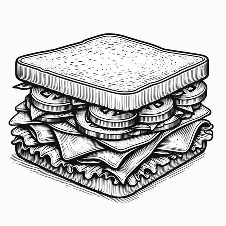 Sandwich with cheese and ham, engraving or ink illustration.の写真素材