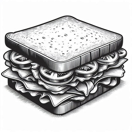 Illustration of a sandwich with cheese, tomato and cucumber.の写真素材