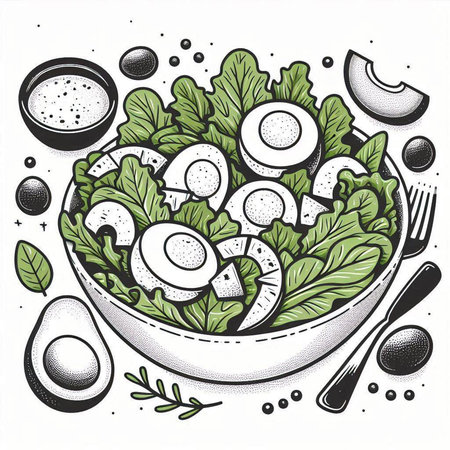 Vegetable salad in bowl. Hand drawn sketch vector illustration.の写真素材