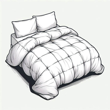 Illustration of a bed with pillows on a white background.