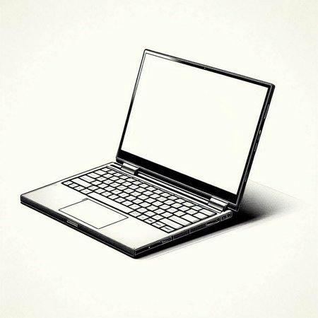 Laptop computer with blank screen isolated on white background. Vintage style