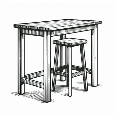 Wooden table and chair in engraving style. Vector illustration.