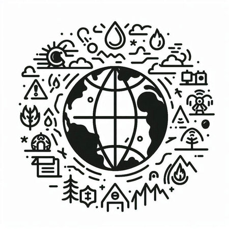 Ecology concept. Vector line art illustration of Earth planet with eco icons.の写真素材