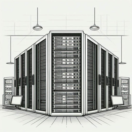 Illustration of a datacenter server room with a computer on top