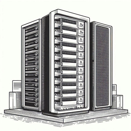 Illustration of a large data center with hard drives and servers.