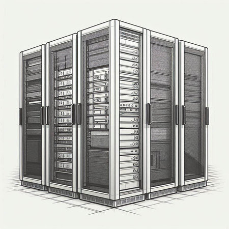 network server on a white background. 3d illustration of server room.